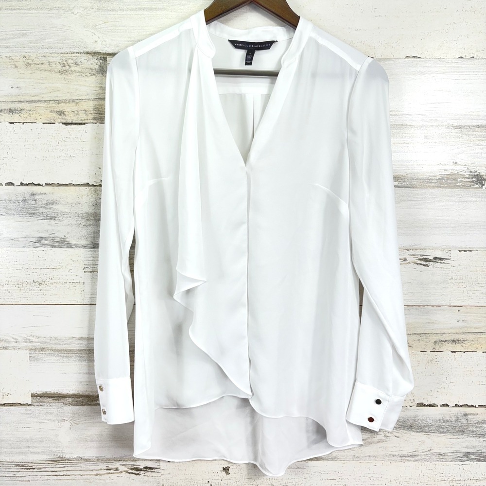 White House Black Market White Flowy Button Up Blouse‎ Top Size 4 Long Sleeve